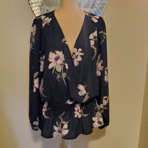 Women's LUSH Long Sleeve Floral Navy Blue Blouse Sz L EUC